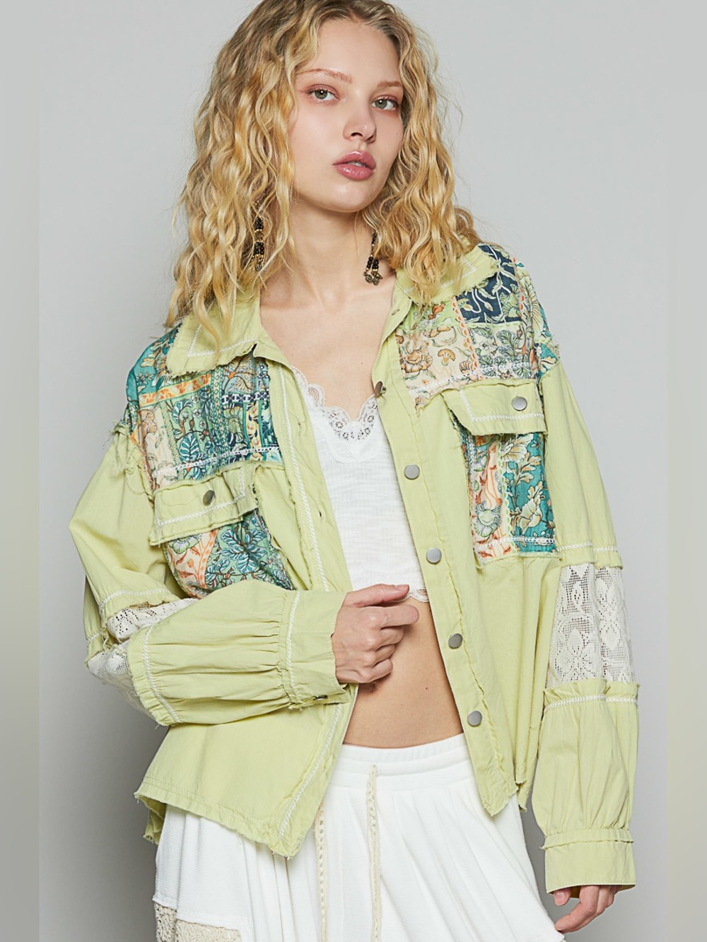 🍓 POL “ Sunwashed “ Patchwork Jacket | Pale Lime